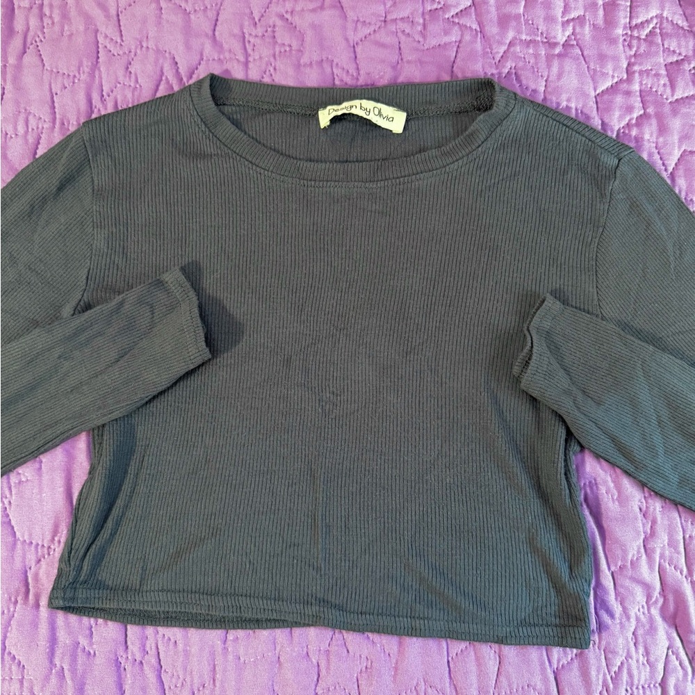 Gray Long Sleeve Ribbed Top